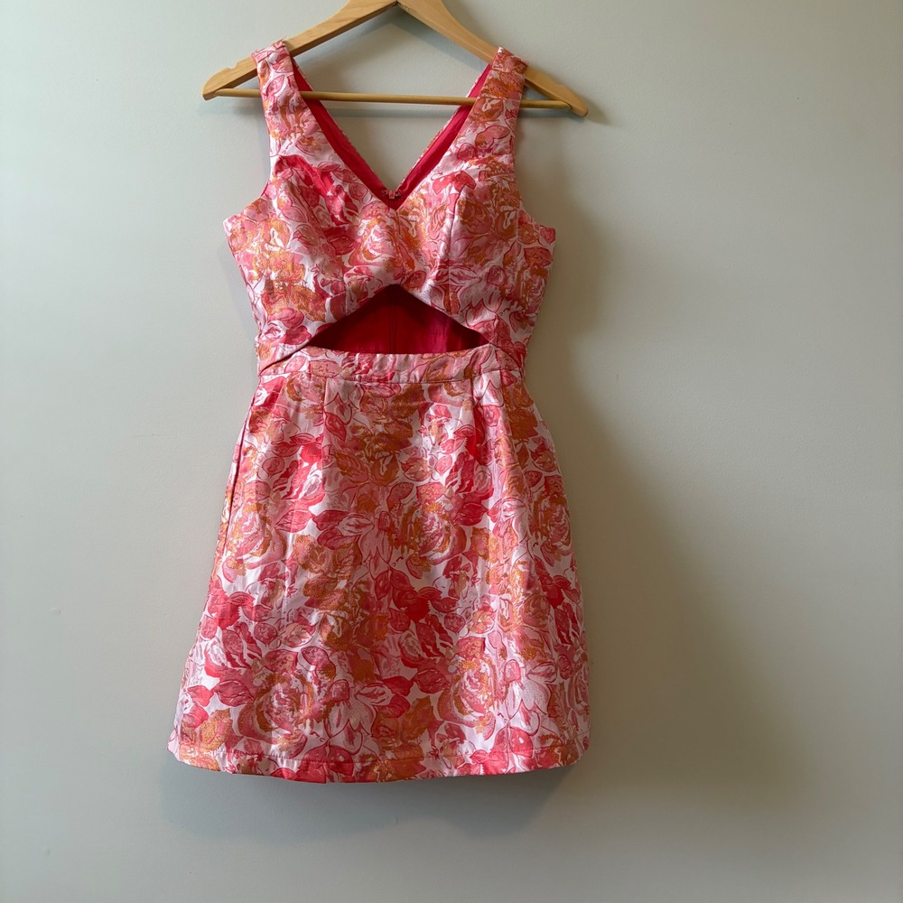 Sans Souci Pink Orange Floral Jacquard Metallic Cutout Mini Dress GSD-22T Small